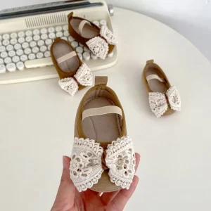 Engepapa Baby Single Shoes Spring and Summer Girls Lace Bow Shoes Elastic Band Infant Non slip Walking Shoes