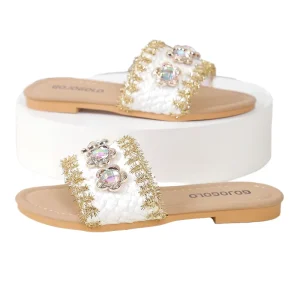 Entry lux Elegance Summer Fashion Girls’ Flat Slippers Golden Raw Edge Glittering Solid Crystal Flower Design Children’s Slipper
