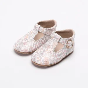 Factory Custom Genuine Leather Flower Print Non Slip Sole Girl Toddler Mary Janes Baby Girl Tbar Shoes
