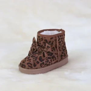 Factory Direct High Quality Children’S Winter Warm Comfortable Brown Suede Snow Boots with Ribbon Leopard for Kids and Toddlers