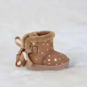 Factory Direct High Quality Children’S Winter Warm Soft Comfortable Brown Suede Snow Boots Print Star for Kids and Toddlers