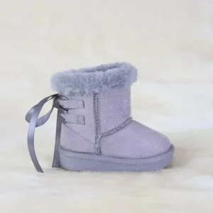 Factory Direct High Quality Children’S Winter Warm Soft Comfortable Grey Suede Snow Boots with Ribbon Bow for Kids and Toddlers