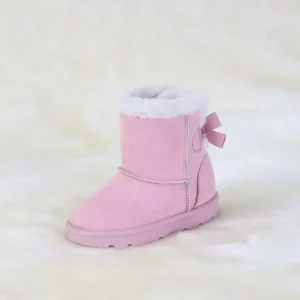 Factory Direct High Quality Children’S Winter Warm Soft Comfortable Pink Suede Snow Boots with Ribbon Bow for Kids and Toddlers