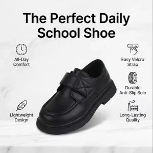 Factory Direct Premium PU Leather Kids Black School Shoes Velcro Strap Anti Slip Rubber Sole Comfortable Student Uniform Shoes