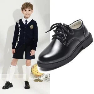 Factory Direct Sales Classic Boys’ Black School Shoes Comfortable Lace Up Student Uniform Shoes for Kids