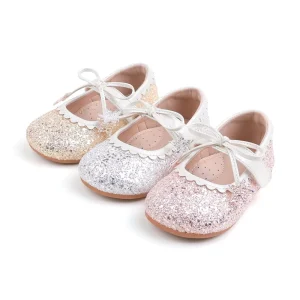 Factory New Toddler Girls Multi Color Glitter Scalloped Bow Princess Flats For Party Birthday Wedding School Spring OEM ODM