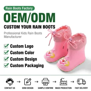 Factory OEM Kids PVC Cartoon Rain Boots Ruffled Drawstring Collar Splash Proof Toddler Wellington Boots Custom Color Logo