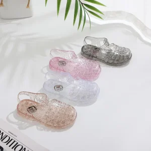 Factory Price Classic Style Kids Fashion Outdoor Non Slip Crystal PVC Girls Jelly Shoes With Buckle Design