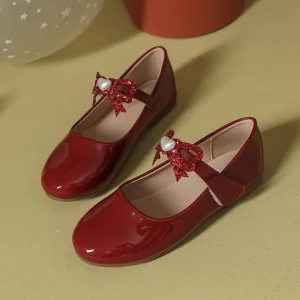 Factory Supply Kids Lacquered Pointed Red Sequin Bow Girl Dress Shoes
