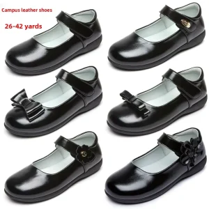 Factory direct Girls Black Toe Hook Loop Closure Soft-soled Princess-style Pumps School Shoes for Kids Primary School