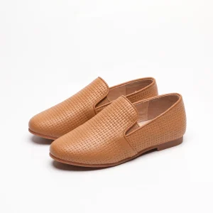 Fashion Boys Girls Tan Weaved Leather Flat Casual Slip on Loafers Kids Children Shoes
