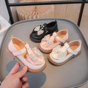 Fashion Children Flat Outwear Rhinestone Sequined Bow Princess Dress Shoes for Girls