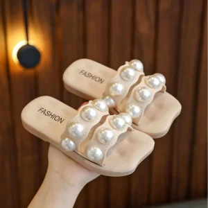 Fashion Children’ s Light Weight Square Head Flat Anti Slip Large Pearl Outdoor Casual Sandals Kids Slippers for Girls