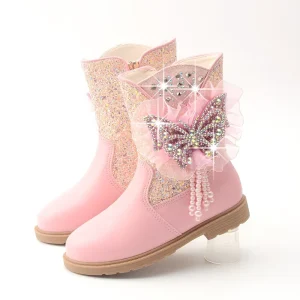 Fashion Children’S Winter Girls Kids Rhinestone Plush Long Boots Princess Flats Dress Shoes Snow Artificial Leather Upper