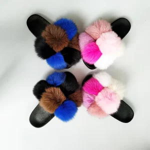 Fashion Color Big Real Fluffy Fur Ball Pom Fox Sandals Raccoon Mom and Kids Fur Flat Shoes Furry Toddler Baby Kids Fur Slippers