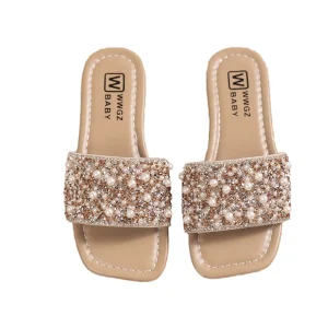 Fashion Design Children’s Slipper Diamond Pearl Square Head Comfortable Non slip Walking Flat Slipper for Girls