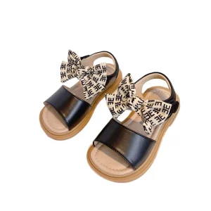 Fashion Designer Girls Open tied Sandals Summer Beach Shoes Soft Flexible Leather Flat Button Closure Rubber Insole