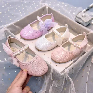 Fashion Girls Dress Shoes Pearl Design Children’s Birthday Party Footwear Beautiful Glitter Kids Princess Wedding Shoe