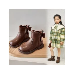 Fashion Girls PU Leather Martin Boots Outdoor Plush Shoes Non slip Kids Snow Boots