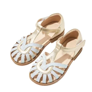 Fashion High End Designer PU Leather and Glitter Upper Children Summer Little Girls Flat Kids Sandals School Shoes