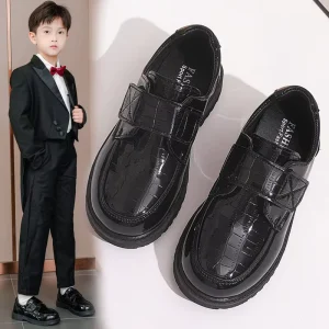 Fashion Korean Style Black Boys’ PU Leather Shoes Soft Sole School Dress Shoes for Kids Velcro Strap Glossy Finish