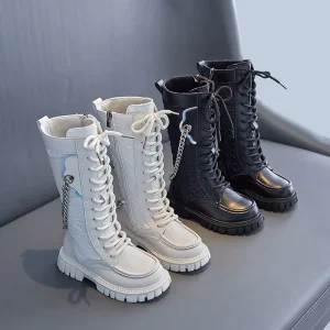 Fashion New Autumn and Winter Children Black and White Leather Long Boot Shoes Girls Non slip Zip Kids Boots