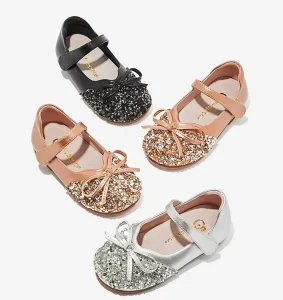 Fashion New Model Glitter Girls Shoes Luxury Gold Princess Dress Shoes with Anti-Slippery Flat Sole for Winter Summer Spring