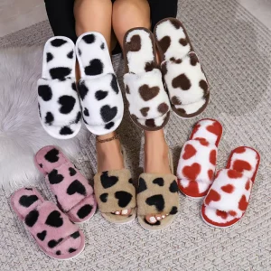 Fashion Open Toe Heart Printed Furry Slippers for Women Indoor Outdoor Anti Slip Custom Print Private Label