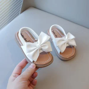 Fashion Soft Flat Soled Girls Kids Sandals Sweet Summer Bow Elastic Band Open Toe Slip On Girls’ Beach Shoes