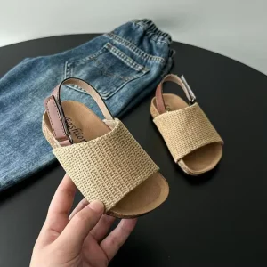 Fashion Summer Children’s Sandals Soft Comfortable Antiskid Cork Flat Cross-Belt Embroidered Velcro Beach Kids Sandals for Girls