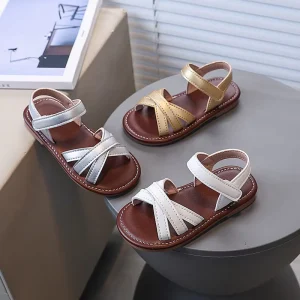 Fashion Summer New Girls’ Sandals Lady Style Open Toe Cross Strap Velcro Closure TPR Outsole Comfortable Solid Color