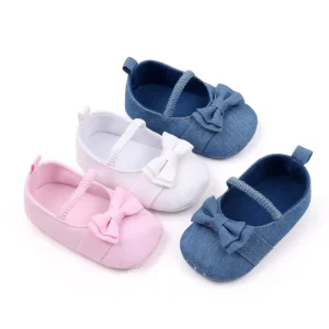 Fashion Trend Baby Solid Color Denim Cute Bow Elastic Princess Mary Jane Flats Toddler Shoes