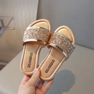 Fashionable Summer Children Outwear Shoes Sequined Gold Color Princess Slippers for Baby Girl