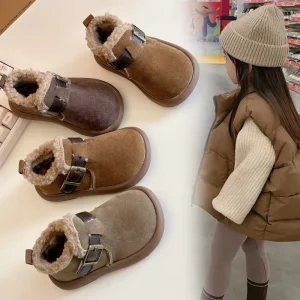 Fashionable Winter Leather Kids Soft Bottom Warm Plush Short Boots Children’s Cotton Casual Shoes Boots