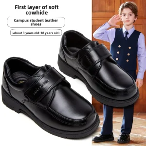 First-layer Cowhide British-style Derby Shoes Black Leather Boys Genuine Leather Performance Campus Etiquette Velcro Shoes