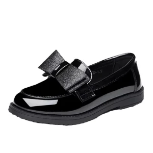 Flat Design Black Bow Princess Dress Shoes Girls Back to School Performance Mirror Student Shoes
