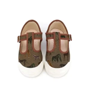 Flat Sole T-Bar Fastening Kids Tennis Shoes Brown Canvas Safari Print Deck Baby Boy Casual Shoes