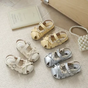 Flexible Soft Sole Kids Girls Closed Toe Sandals Lace Bow Decor Comfortable Cushioned Footwear for Daily Party Outdoor Toddler W