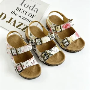 Floral Print Kids Cork Dual Strap Buckle Cork Sandals for Girls and Boys