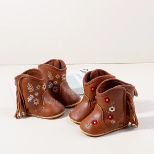 Flower Embroidery Tassel Design PU Material Anti slip Toddler Baby Unisex Winter Boots Shoes