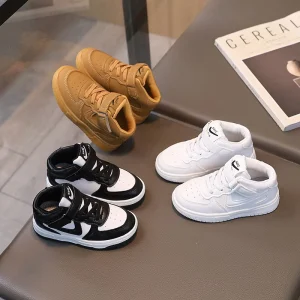 Four Seasons Sneaker New Children’s PU Leather Sports Small White Shoes Boys Students Casual High Top Shoes Kids Girls Baby Flat