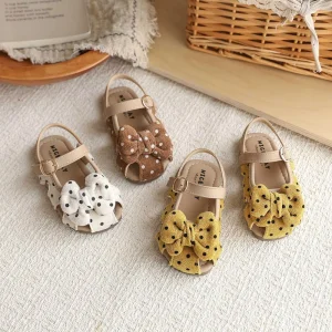French Hollow Toe Sandals Summer New Korean Version Girls’ Polka Dot Bow Princess Shoes