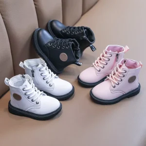Girl Soft Sole Leather Boots Low Barrel Non-slip Wear-resistant Cute Trend Children Fashion Lace-up British Style Outdoor Boot