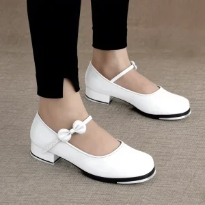 Girls Adult Black Buckle Strap Soft Bottom Bright Bow Tap Dancing Shoes
