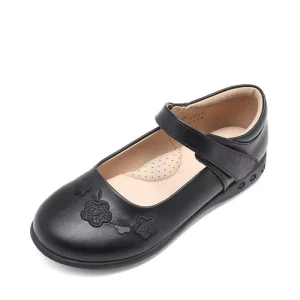 Girls Black Anti Slip Mary Jane Pumps Formal School Dress Flats Shoes for Winter Spring Summer Flower Design