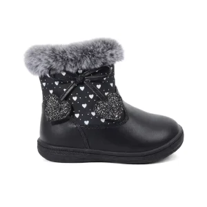 Girls Black Fur TPR Midsole Boots Kids Winter Ankle Side Zipper Cute Heart Design