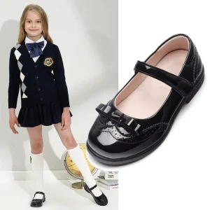 Girls’ Black Leather Mary Jane Flats with Bow for Toddlers and Little Kids
