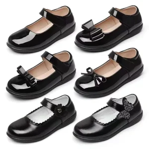 Girls Black Leather Performance Small Leather Shoes Children’s and Students Soft Sole Anti-slip School Shoes