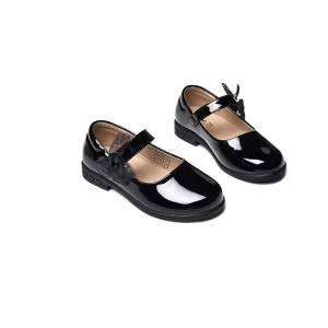 Girls Black Leather School Shoes Elegant Bow Design Soft Sole Non Slip Comfortable Kids Footwear for School Daily Wear