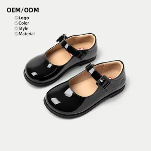 Girls Black Leather School Shoes for Winter Casual Performance Mary Jane Dress Flats Button Closure Lighted for Children